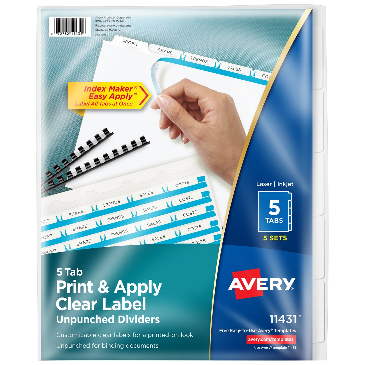 Avery 5 Tab Unpunched Dividers, Easy Print & Apply Clear Label Strip, Index Maker Customizable White Tabs, 5 Sets (11431)